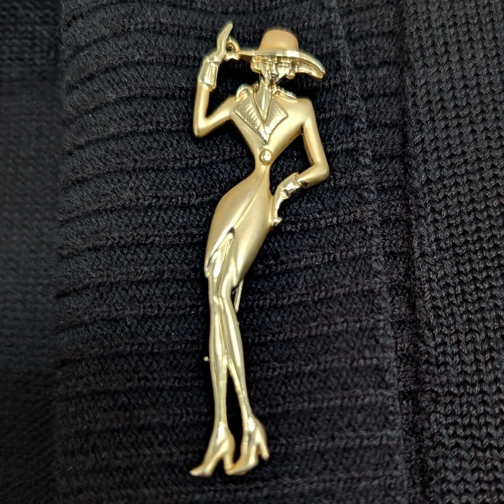 Vtg AJC Goldtone Brooch Pin Figural Stylish Woman Lady Shoulder Pads Fedora